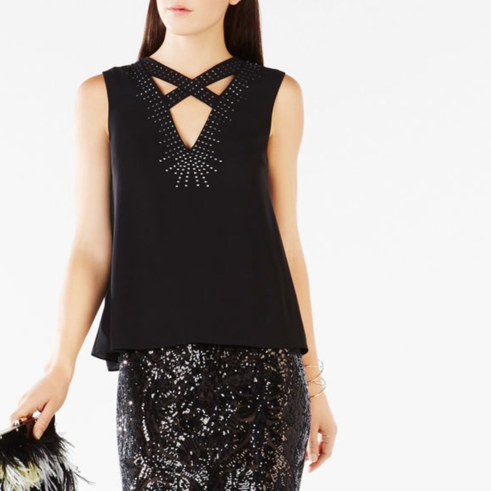 BCBG Jolene Studded Crisscross Neck Top